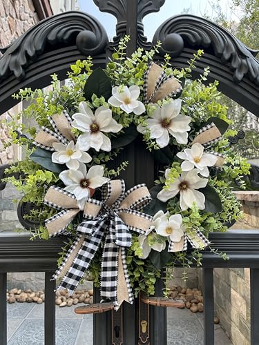 24-Inch Magnolia Wreath with Buffalo Plaid Bow | Farmhouse Front Door Decor