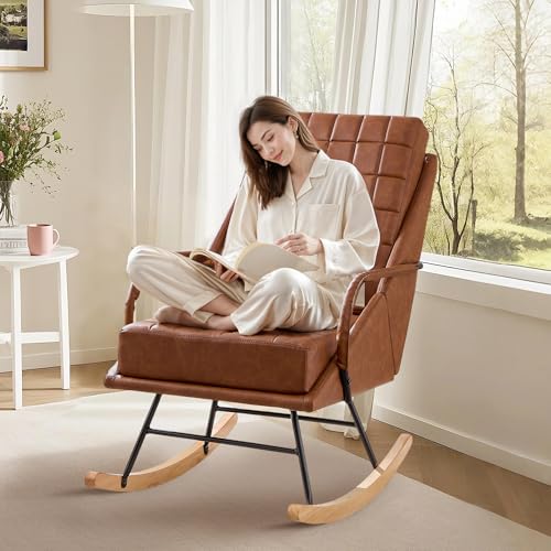 VECELO Nursery Rocking Chair, Oversized Leather Glider Rocker with