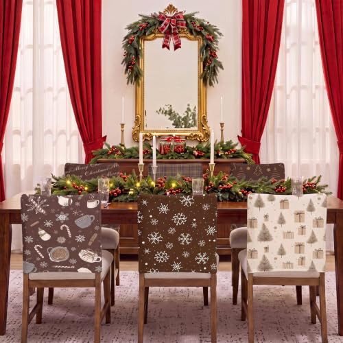 Moukeren Vintage Print Christmas Chair Covers 6pcs Brown Holiday Seat Slipcovers