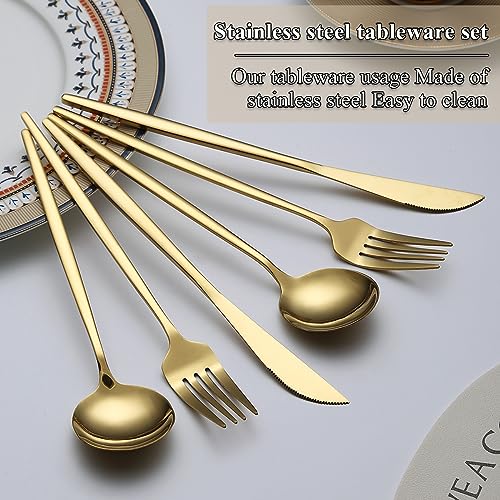 Evanda 60-Piece Gold Silverware Set for 20 - Titanium Gold Plated Flatware for Wedding & Parties - Variation 2. 60 Piece B