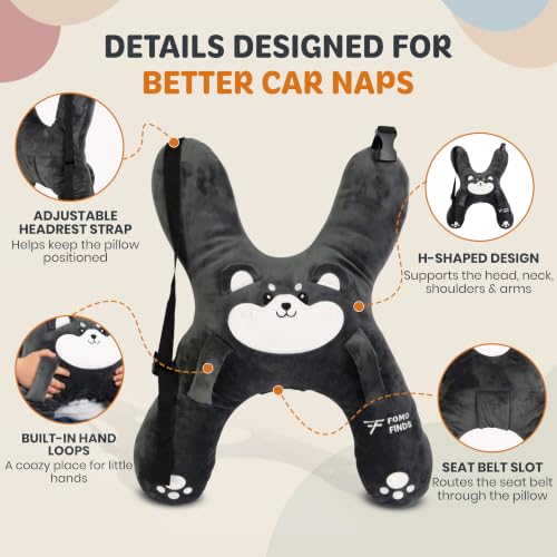 Kids Car Sleeping Pillow Roxy the Dog H-Shaped Neck & Back Support Grey