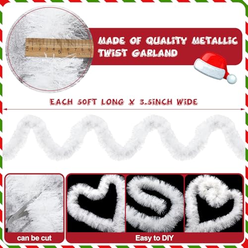 Dingion 50 ft White Tinsel Garland Christmas Tree Fluffy Metallic – Metallic Variant