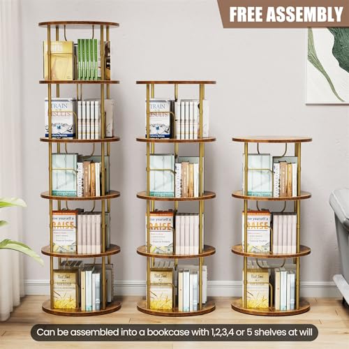Flycity 5-Tier Rotating Corner Bookshelf - Gold, 360° Spinning Narrow Bookcase