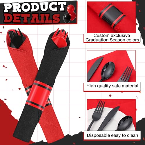 Black and Red Halloween Pre-Rolled Silverware Sets - 30 Disposable Forks, Knives, Spoons & Napkins