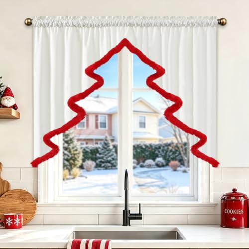 Christmas Tree Valance White Velvet with Red Fluffy Trim, 1 Panel