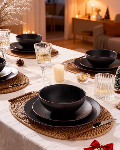 Famiware Black 12-Piece Stoneware Dinnerware Set for 4 - Plates & Bowls