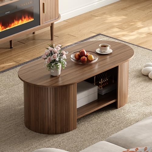 Walnut 42-Inch Oval Fluted Coffee Table with Two-Tier Storage - Mid-Century Modern Wood