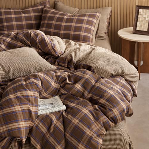Vintage Brown & Blue Plaid Queen Duvet Cover Set - Reversible Cotton Muslin Bedding
