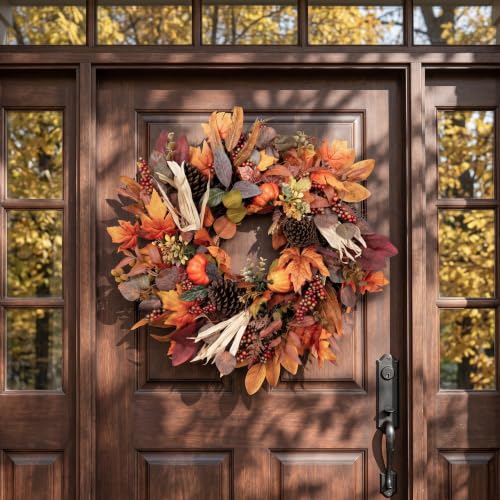 26-Inch Fall Wreath for Front Door - Red Orange Harvest Decor with Maple Leaves, Pumpkins & Berries