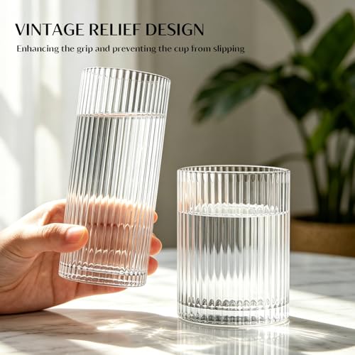 12-Piece Ribbed Glassware Set - Highball & Rocks Glasses for Cocktails & Drinks