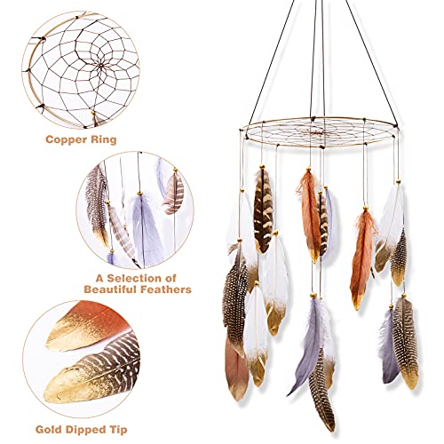 Boho Feather Baby Mobile for Crib, Bohemian Nursery Gender Neutral Hanging Decor, Large Dream Catcher Ornament Hanger Christmas Gift for Kids Girl Boy Ceiling Children Teen Bedroom Outdoor