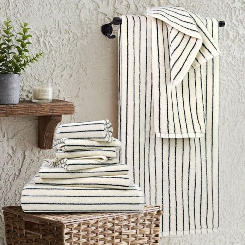 Jacquotha Black and Ivory 8-Piece Cotton Towel Set - Soft Absorbent Bathroom Towels