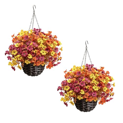 Artificial Fall Flowers Hanging Baskets - 2 Pack Outdoor Autumn Decor