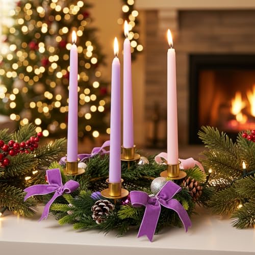 12-Inch Purple and Pink Metal Advent Wreath Candle Holder for Christmas Decor