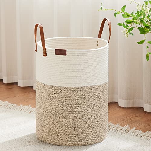 Tall Laundry Basket with Leather Handle - 58L Woven Rope Storage Hamper, Brown