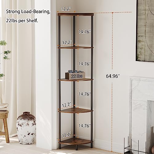 SUNMORY Rustic Brown 5-Tier Corner Shelf - Tall Corner Bookcase for Living Room