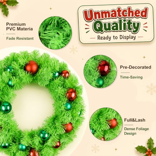 Enven Lime Green Christmas Wreath with Ornaments - Indoor Outdoor Holiday Decor
