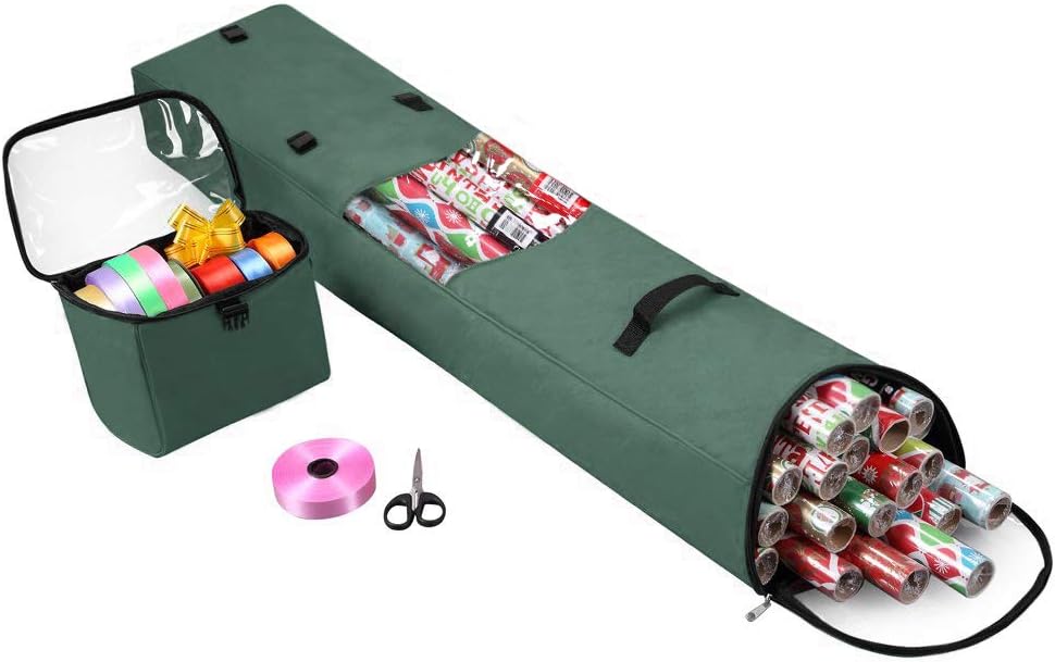 Primode Heavy Duty Christmas Gift Wrap Storage Bag - 600D Oxford Organizer with Detachable Tote | 48"x10"x5" (Green)