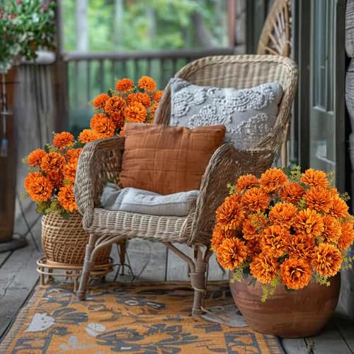 2 Pack Artificial Fall Mums Flowers for Outdoor Decor - Realistic Autumn Bouquets