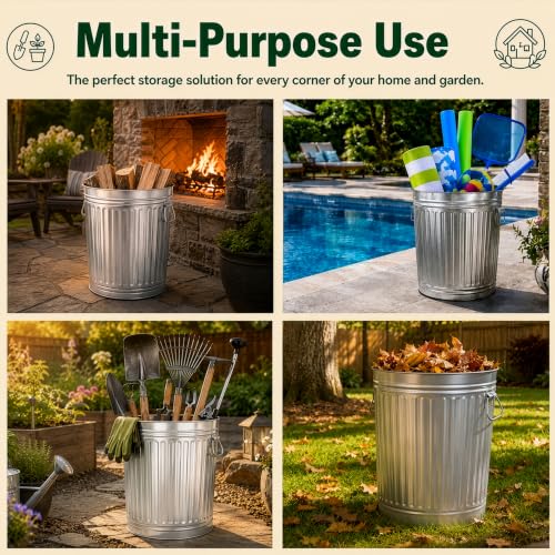 15 Gallon Galvanized Steel Trash Can with Lid Handles for Indoor & Outdoor Use - Weather-Resistant Storage Bucket