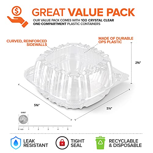 Disposable Plastic To Go Containers with Clear Lids - 5x5 Inch, 100 Pack - Hinged Square Clamshell Food Boxes for Takeout & Parties