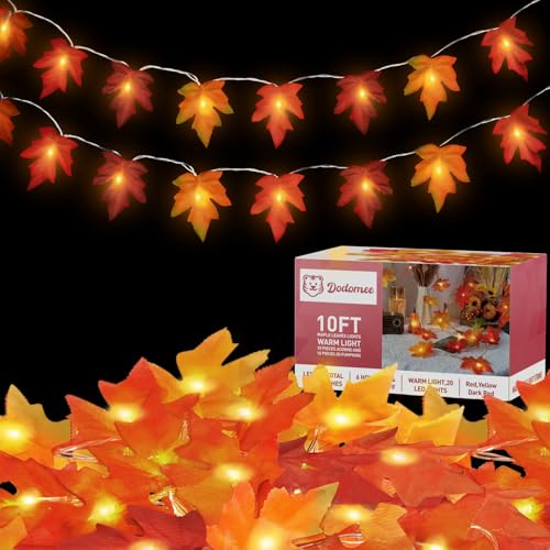 Fall Leaf Garland with Lights Decorations: 2 Pack Thanksgiving Fall String Lights Battery Operated Total 20 FT 40 LED Lamp Bead 40 Leaves Porch Home Indoor Outdoor Harvest Festival Wreath Fall Decor