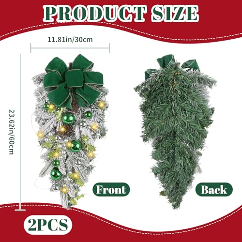 UUXX 2 Pack Prelit Green Christmas Swags with Green Bows and Ornaments, 23.6" Holiday Door Decor