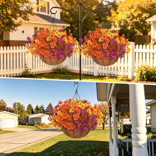 Fall Pansy Artificial Hanging Flower Baskets for Outdoor Autumn Decor - 2 Pack