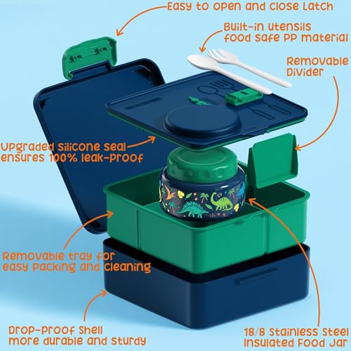 Fimibuke Jungle Dinosaurs Leakproof Kids Bento Lunch Box with 8.5oz Insulated Food Jar