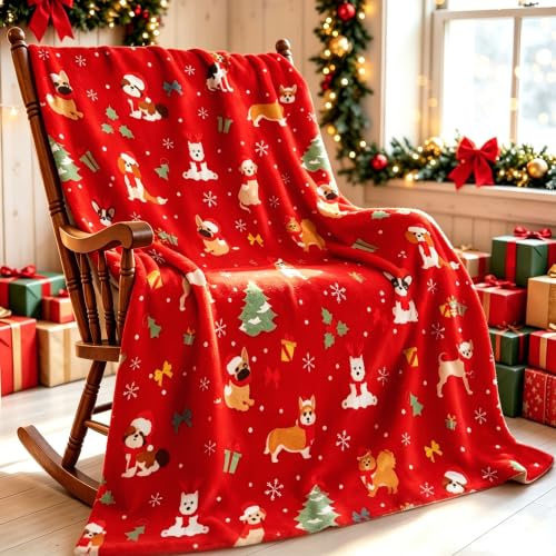 Christmas Puppies Fuzzy Fluffy Throw Blanket 50x60 Cozy Holiday Decor