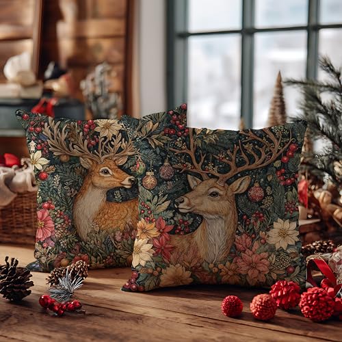 EUYTHNGYF Reindeer-2 Vintage Christmas Floral 18x18 Pillow Covers Set of 2