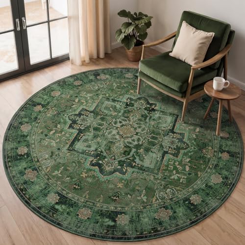 Green Medallion 6ft Round Rug - Washable Non-Slip Low Pile Carpet for Living Room & Bedroom - Jainmy