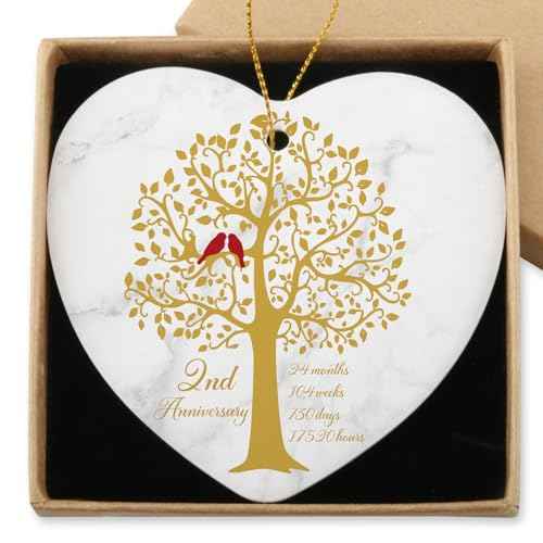 2 Year Anniversary Hanging Ornament for Him Her 2nd Marriage Wedding Gifts 2 Year Anniversary Valentines Ornament for Husband Wife Couple Christmas Ceramic Heart Keepsake
