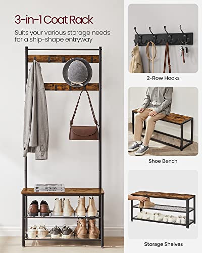 VASAGLE Rustic Brown & Black 3-in-1 Coat Rack with Shoe Storage Bench, Steel Frame