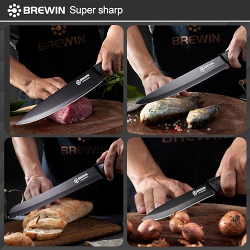 Brewin Charcal 8-Piece Kitchen Knife Set with Block & Scissors – Sharp, Non-Stick, Stainless Steel