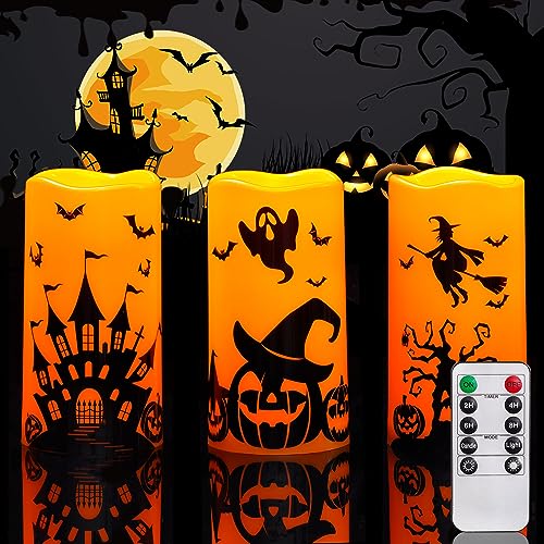 Homemory Halloween Waterproof Flameless LED Pillar Candle with Timer Remote – Castles, Witches, Pumpkins