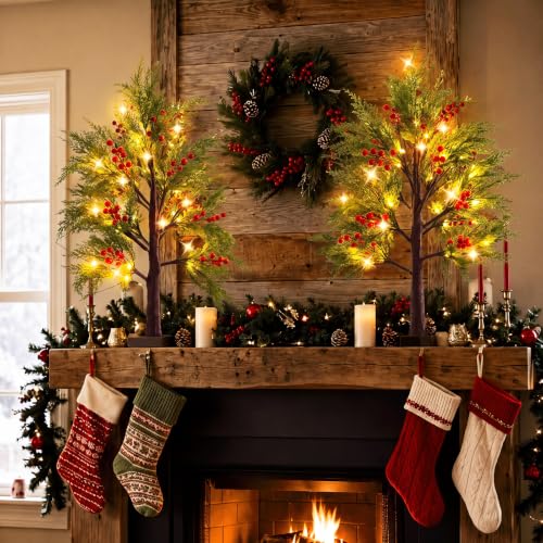 Baquler 2 Pcs Christmas Lighted Birch Trees 24 in – Red Berry Decor (Birch Variant)