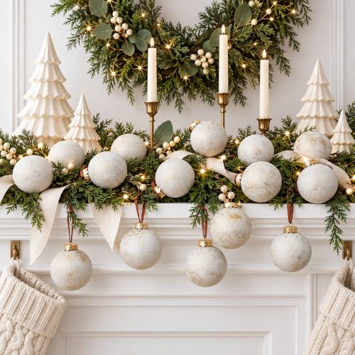 Yunlly 12 Pcs Neutral Christmas Ball Ornaments 3.15'' Ivory White - Vintage Bronze Finish