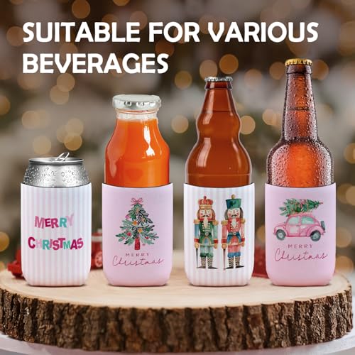 SJDFCSA Christmas Nutcracker Reusable Neoprene Can Cooler Sleeve - Pink Merry Christmas Theme, 4 Pack