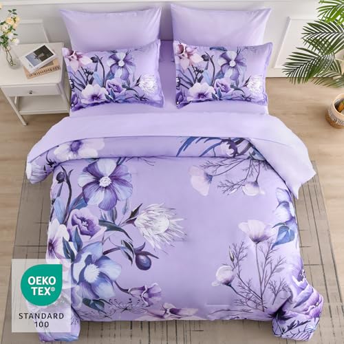 Queen Size Lavender Floral Comforter Set - 7 Piece Microfiber Bedding, All Season