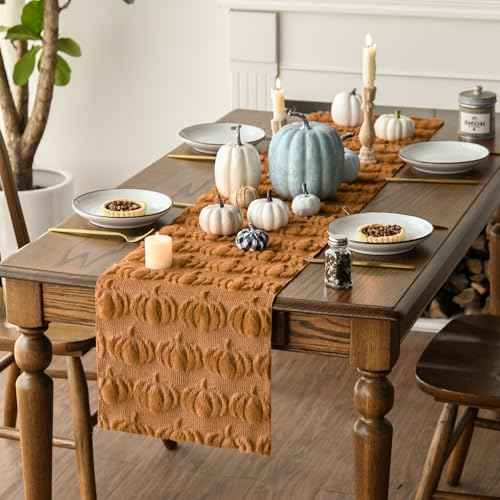 Artoid Mode Caramel Soft Plush Faux Fur Jacquard Pumpkins Fall Table Runner, Seasonal Autumn Kitchen Dining Table Decoration for Home Party Decor 13x36 Inch