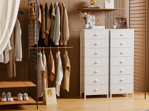 White Tall Dresser with 7 Fabric Drawers for Bedroom Storage - 11.8"D x 15.8"W x 43.3"H