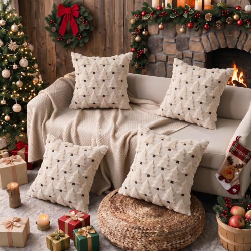 HDVUHKI Christmas Tree 16x16 Inch Throw Pillow Covers Set of 4 Beige - Bohemian Holiday Decor