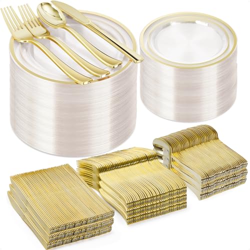 Clear Gold Plastic Dinnerware Set for 100 Guests - Disposable Plates, Cutlery & Spoons