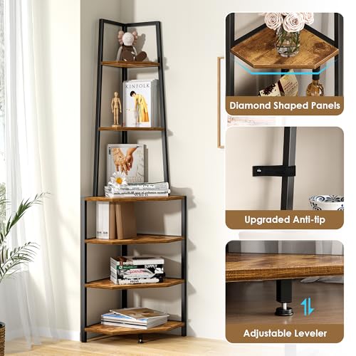 Brown 6-Tier Corner Shelf - Industrial Style Tall Plant & Display Stand