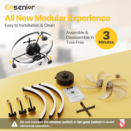 Ensenior 20-Inch Flush Mount Ceiling Fan with Lights, APP Control, Black