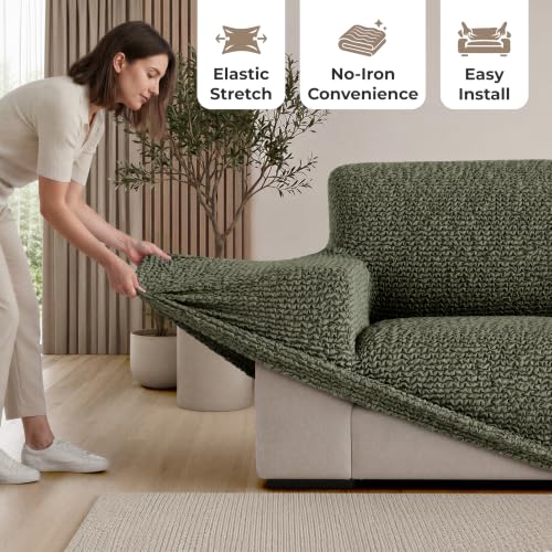 Premium Stretch Sofa Cover for 64-85 Inch Loveseats - Moss Green - Washable & Non-Slip