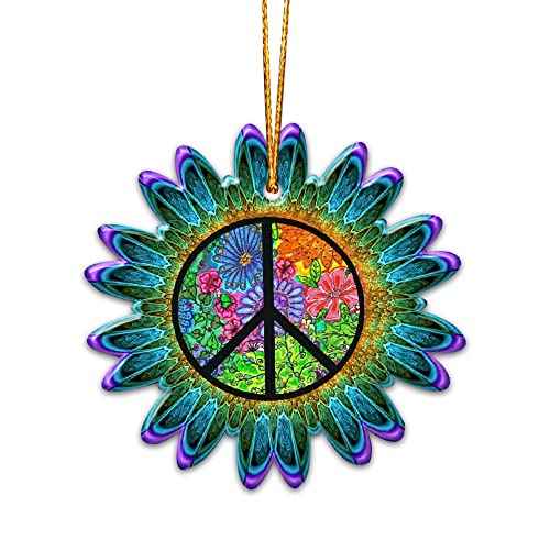 Hippie Peace Sign Love Christmas Ornament Tree Decorations 2D Flat (NOT 3D Ornament), Bulk Wooden Hippie Car Hanging Accessories, 60s 70s Theme Hippie Room Decor, Gifts for Hippie Souls