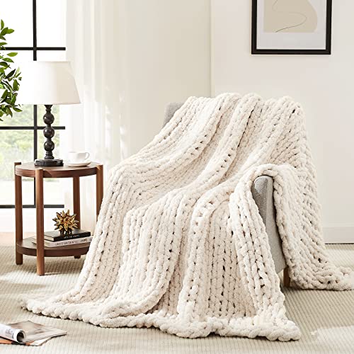 Ivory Chunky Knit Throw Blanket 60x80 Inches for Couch & Sofa