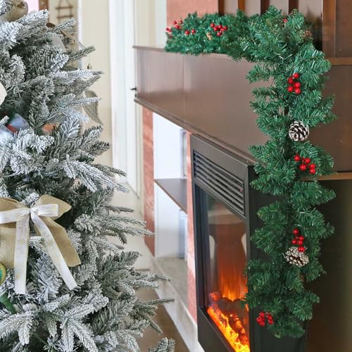 VHUWE 9 Ft Artificial Christmas Garland with Pine Cones & Red Berries - P+B